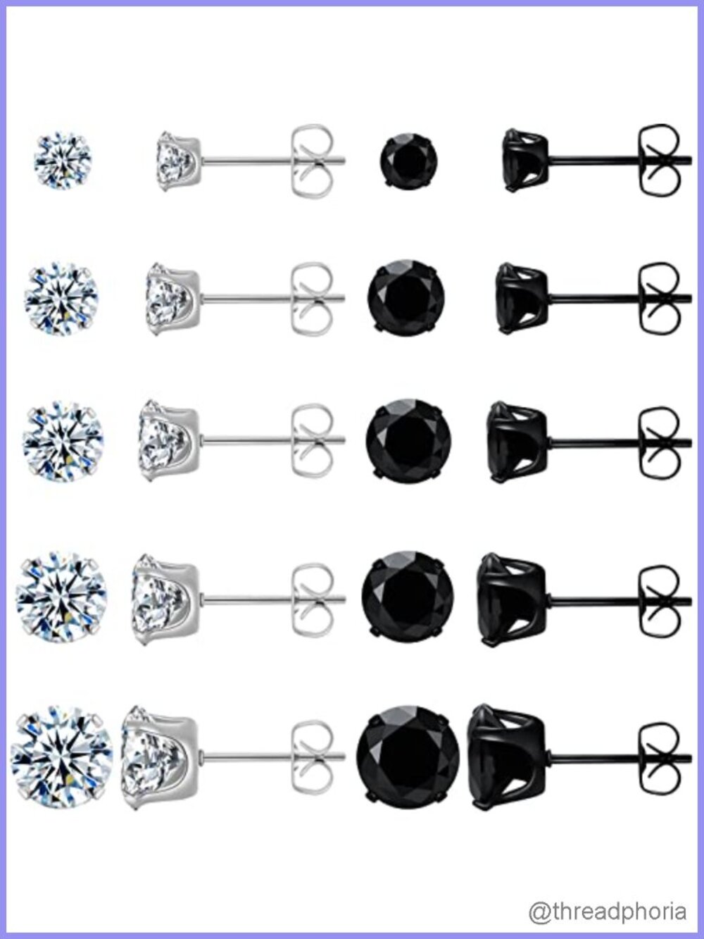 10 Pairs Surgical Steel Stud Earrings Set CZ Hypoallergenic Push Back